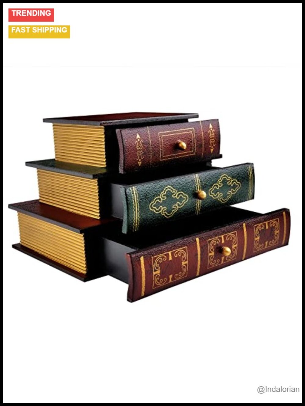Wooden False Book Jewelry Box Floral Three-Layer Drawer Organizer